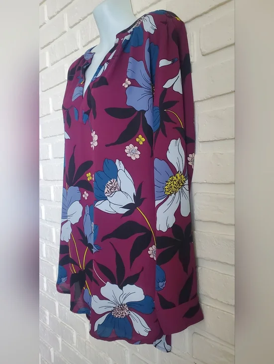Loft Ann Taylor Flowy Tunic Blouse Long Sleeves Floral Plum Mulberry Wine Med - Picture 10 of 14